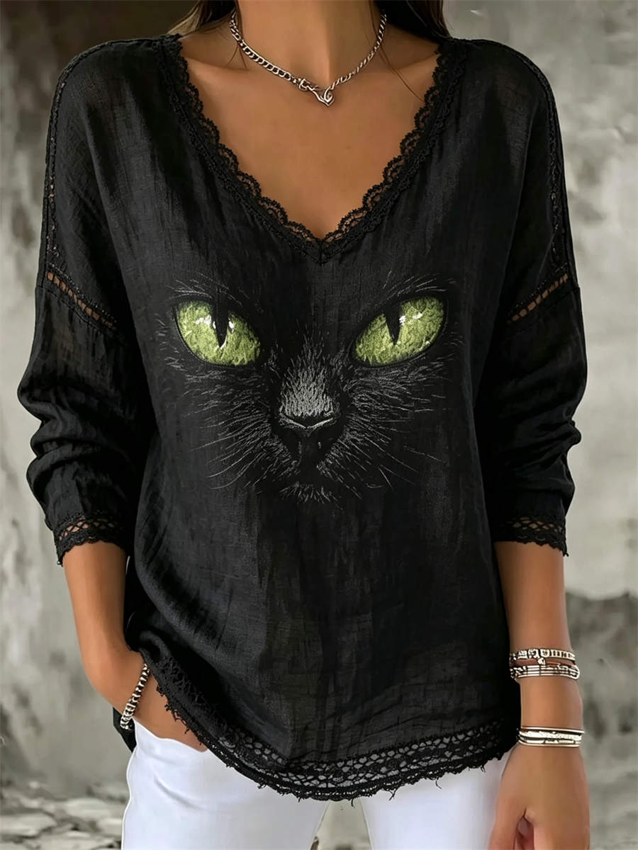 Aurora | Halloween-Inspired Black Cat Face Print Lace V Neck Long Sleeve Blouse