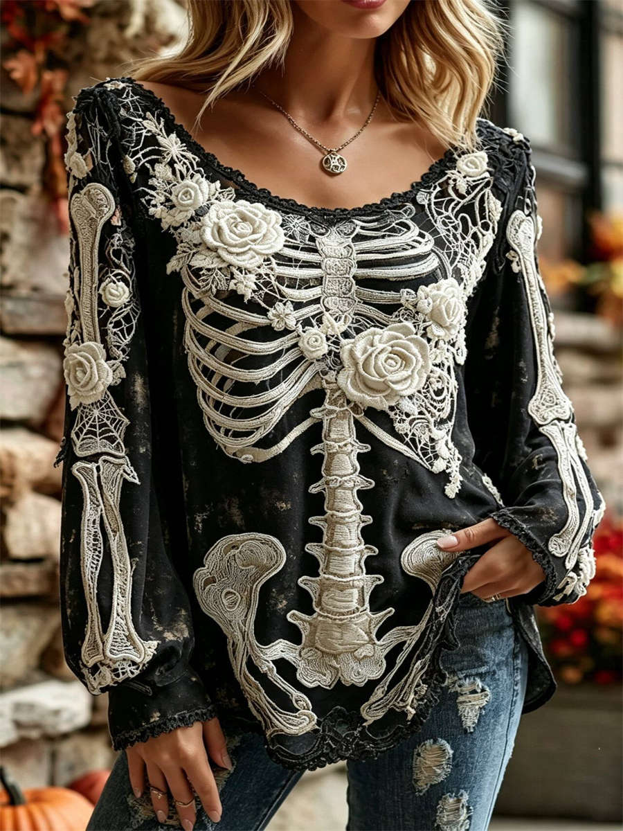 Lara | Halloween-Inspired Black Skeleton Rose Floral Lace Print Scoop Neck Long Sleeve Blouse