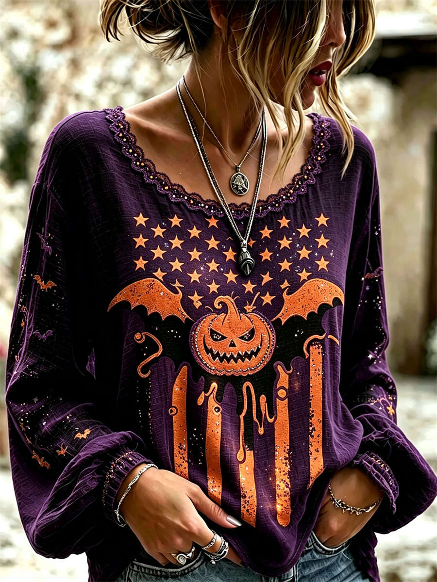 Alana | Halloween-Inspired Purple Pumpkin Bat Star Print V Neck Lace Trim Long Sleeve Blouse