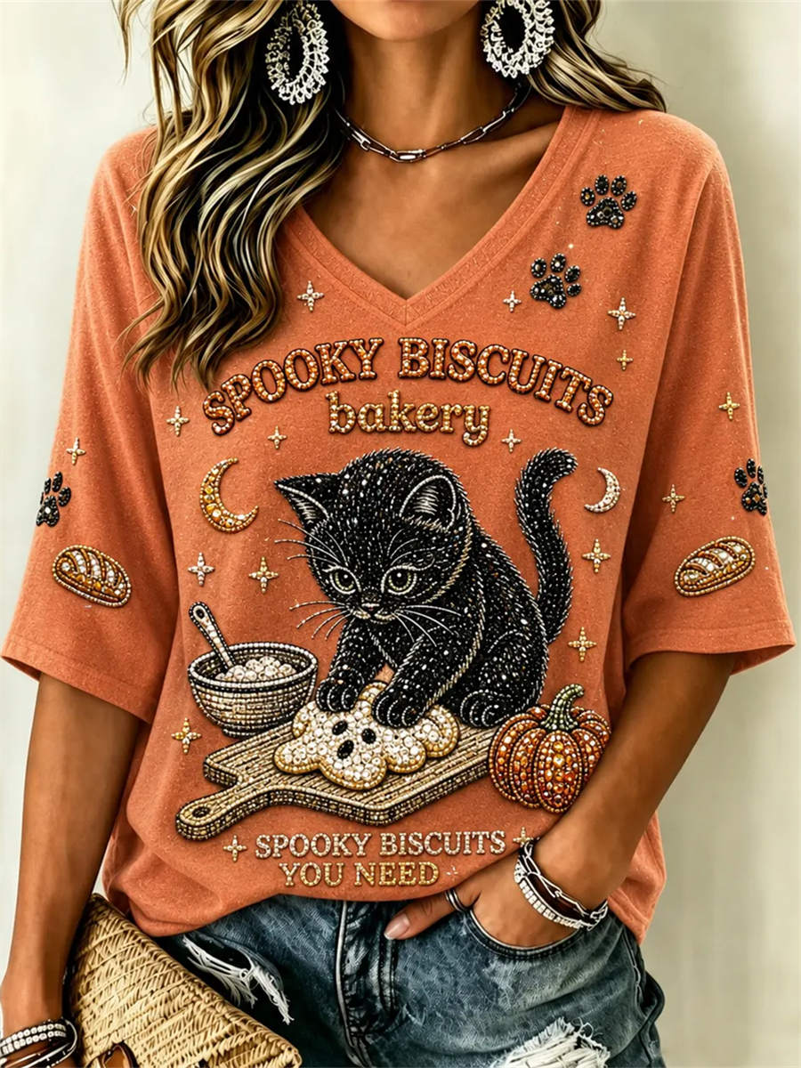 Seraphina | Halloween-Inspired Orange Black Cat Pumpkin Print V Neck Three-Quarter Sleeve Blouse
