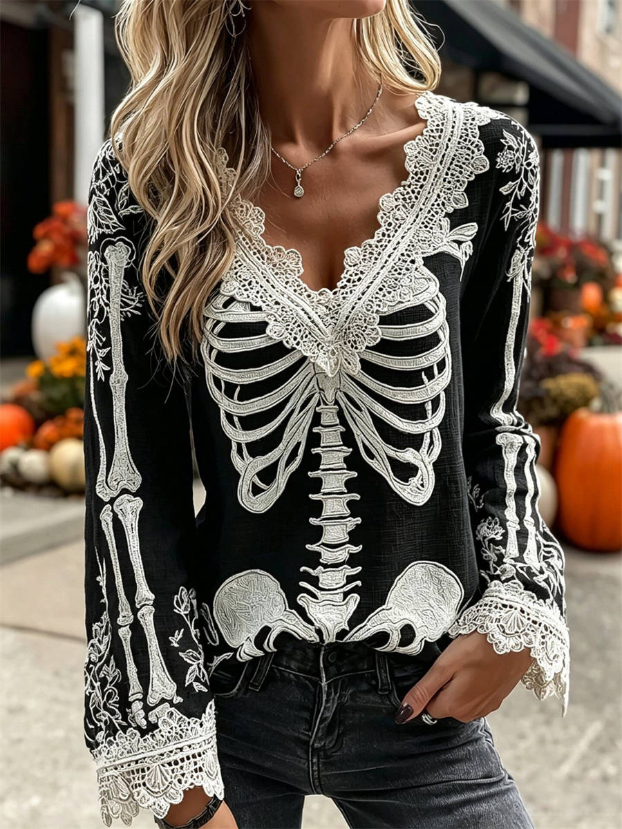 Lucy | Halloween-Inspired Black Skeleton Lace V Neck Long Sleeve Blouse