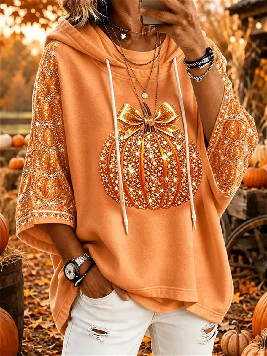 Laura | Halloween-Inspired Orange Bow Pumpkin Print Three-Quarter Sleeve Hoodie