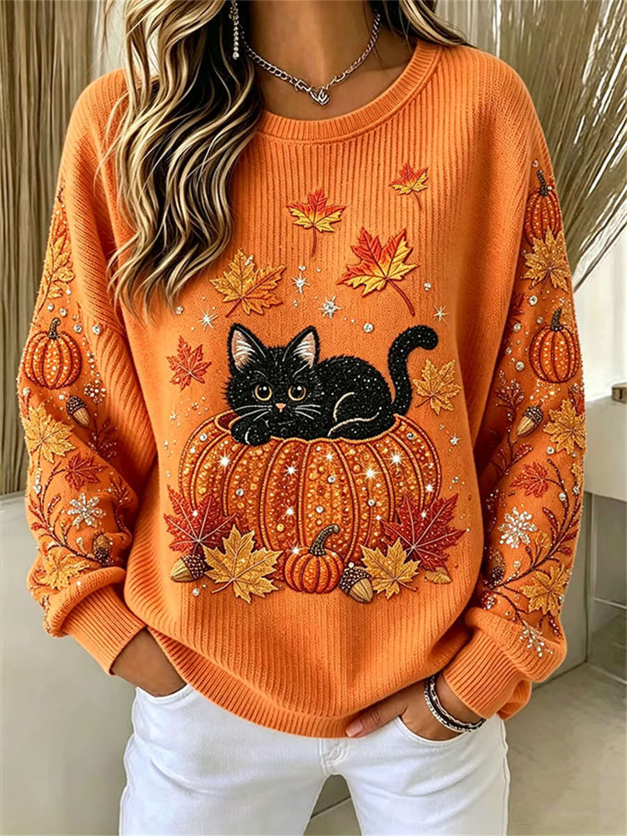 Luna | Halloween-Inspired Orange Cat Pumpkin Maple Leaf Print Round Neck Long Sleeve Sweatshirt