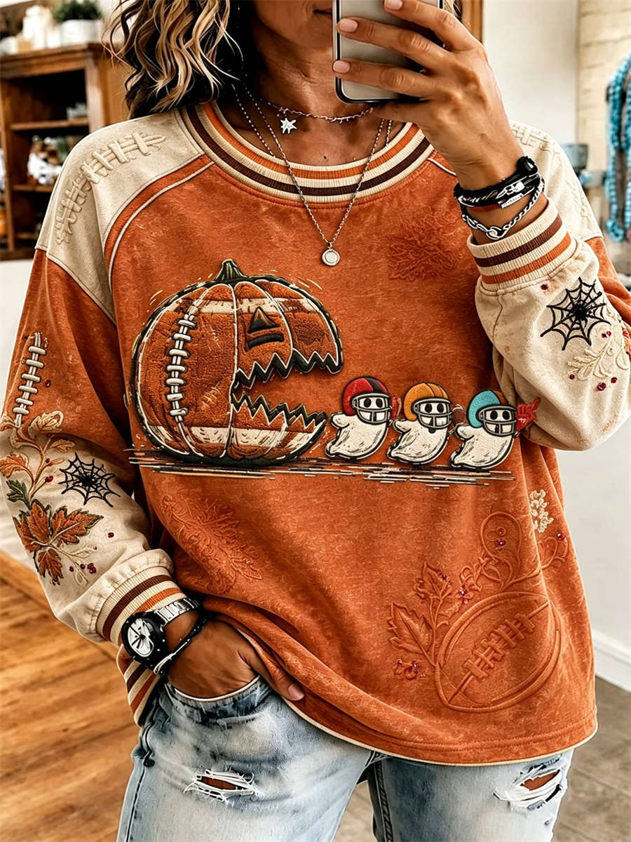 Leonor | Halloween-Inspired Orange Beige Pumpkin Ghost Football Print Round Neck Long Sleeve Sweatshirt