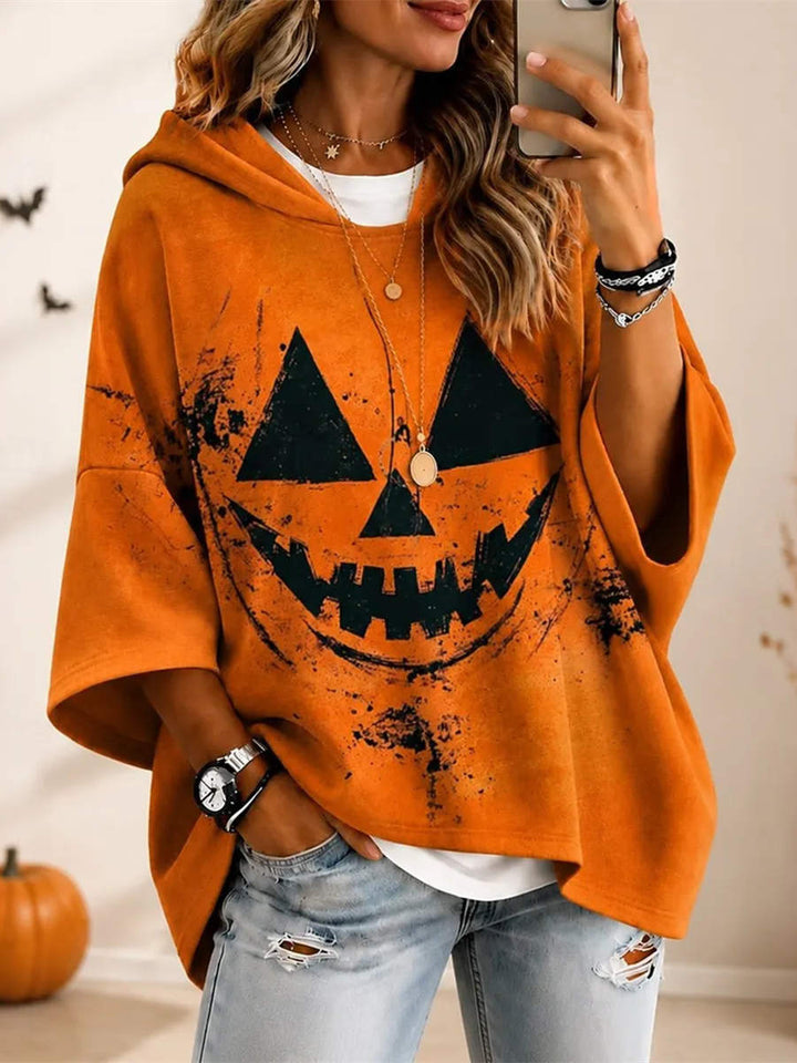 Aria | Halloween-Inspired Orange Pumpkin Face Print Three-Quarter Sleeve Hoodie