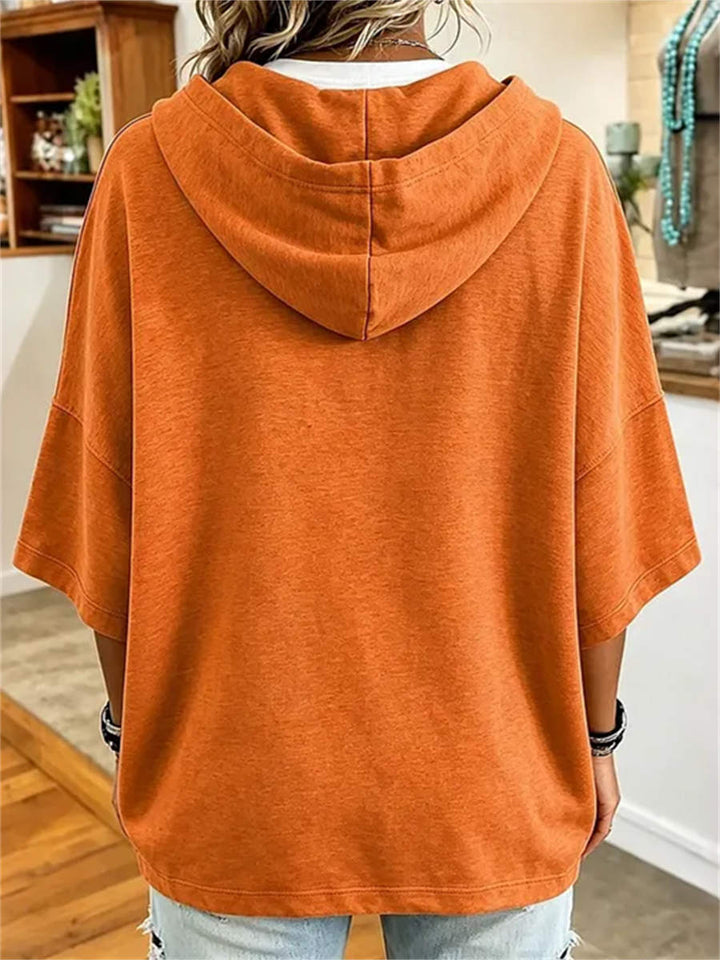 Aria | Halloween-Inspired Orange Pumpkin Face Print Three-Quarter Sleeve Hoodie