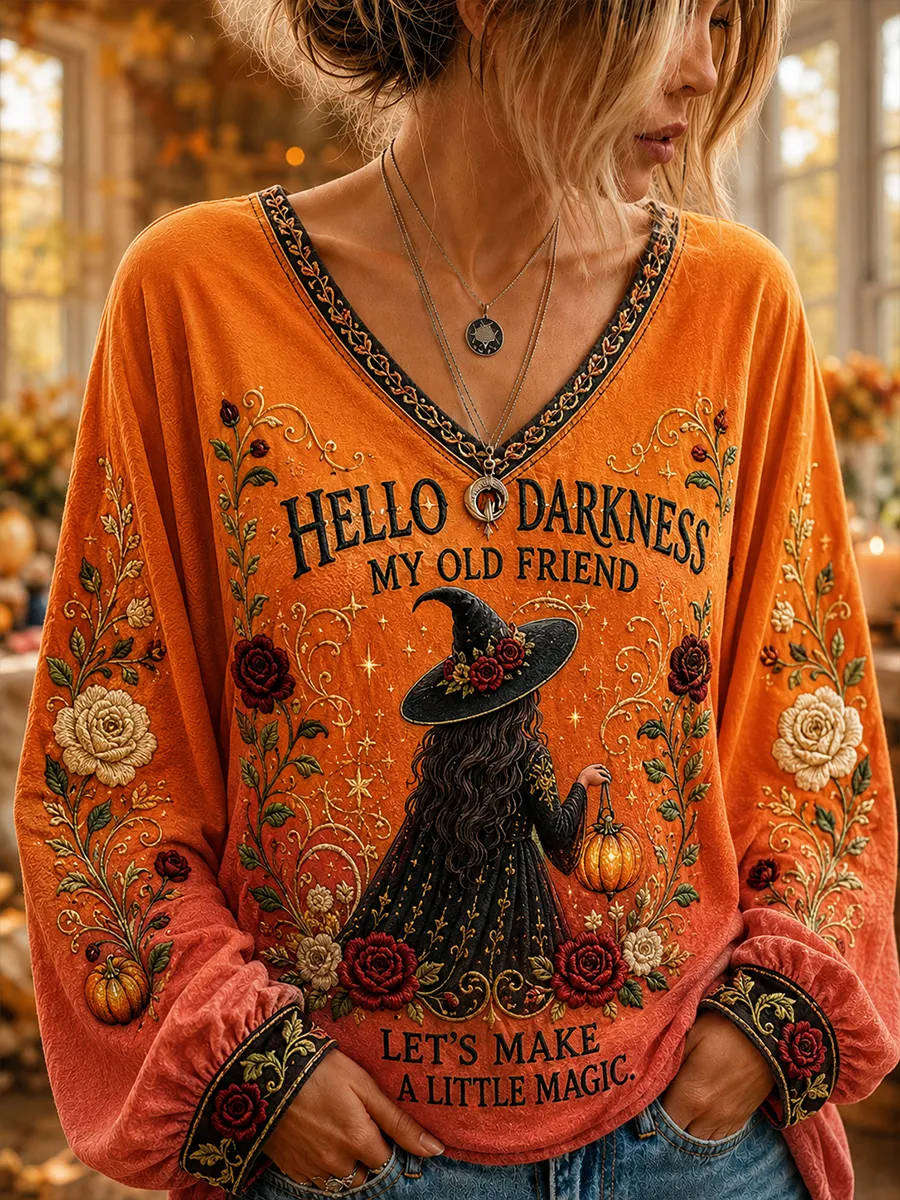 Callie | Halloween-Inspired Orange Witch Floral Letter Print V Neck Long Sleeve Top