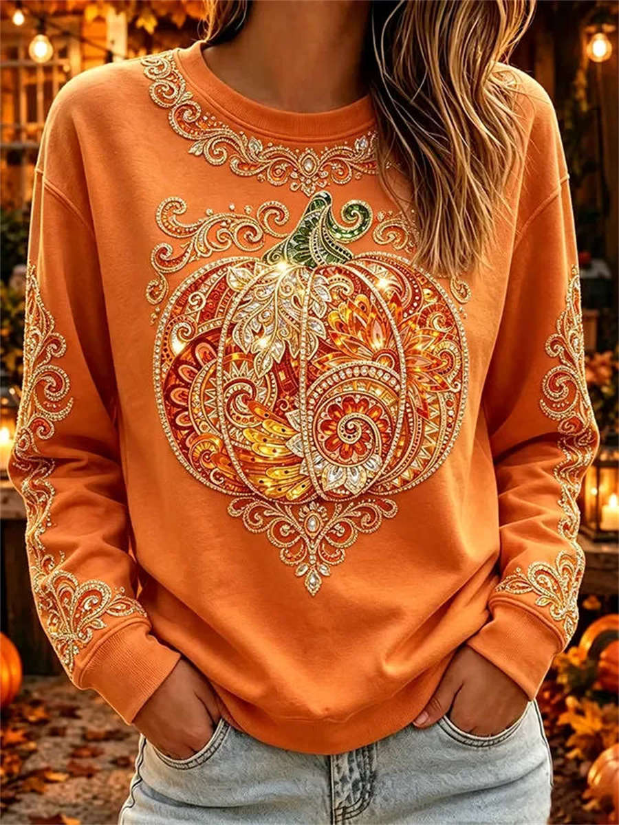 Zoe | Halloween-Inspired Orange Ornate Pumpkin Print Round Neck Long Sleeve Top