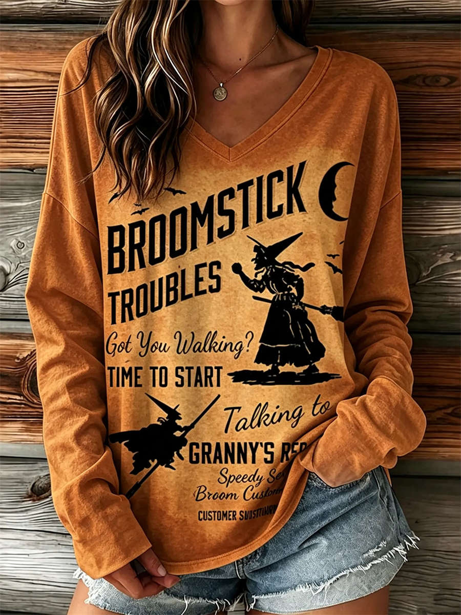Paloma | Halloween-Inspired Orange Witch Letter Print V Neck Long Sleeve Top
