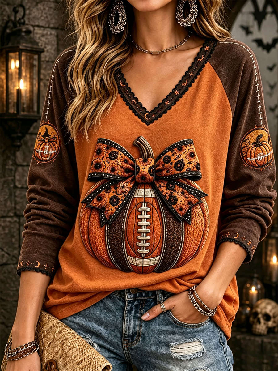 Octavia | Halloween-Inspired Orange Brown Pumpkin Bow Print V Neck Long Sleeve Top