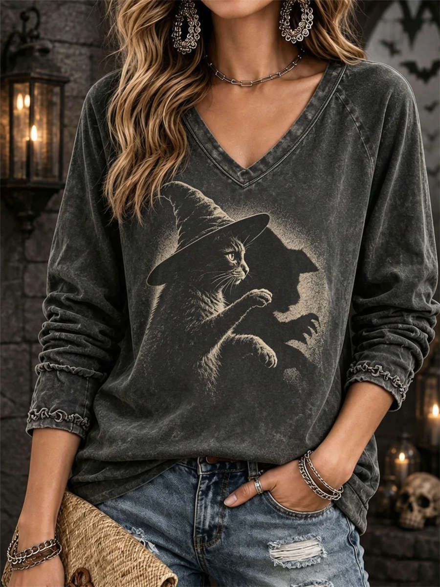 Zara | Halloween-Inspired Dark Grey Witch Cat Print V Neck Long Sleeve Top