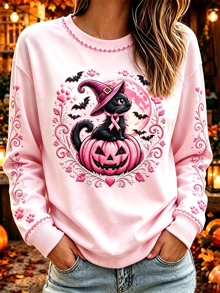 Gabriella | Halloween-Inspired Pink Black Cat Pumpkin Print Round Neck Long Sleeve Sweatshirt