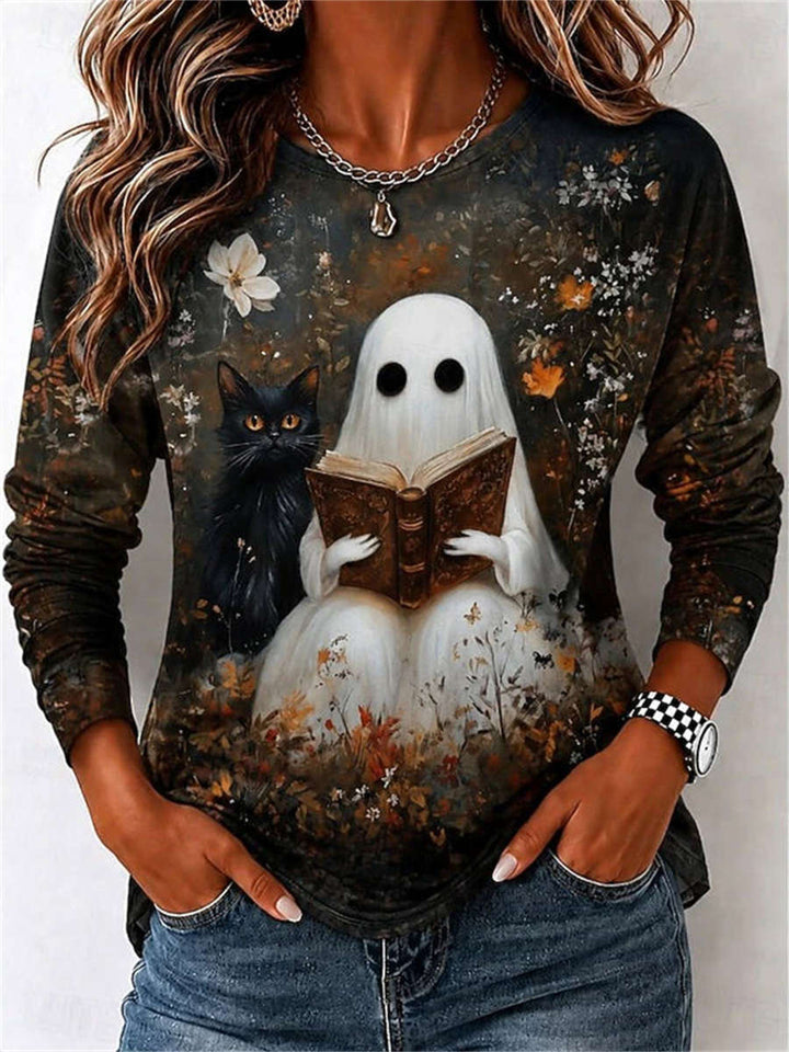 Eden | Halloween-Inspired Multi Ghost Black Cat Floral Print Round Neck Long Sleeve Top