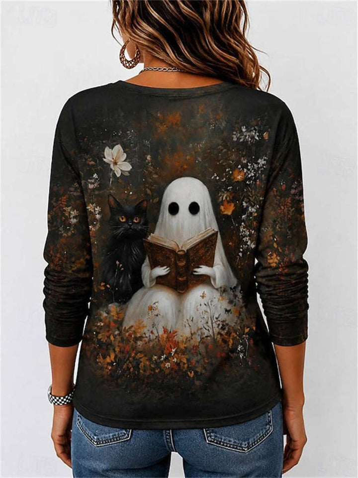 Eden | Halloween-Inspired Multi Ghost Black Cat Floral Print Round Neck Long Sleeve Top