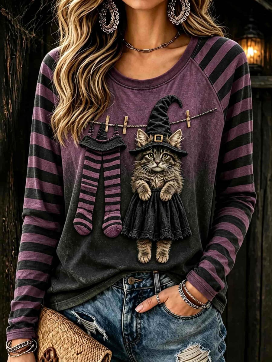 Juniper | Halloween-Inspired Purple Black Stripe Witch Cat Print Round Neck Long Sleeve Top