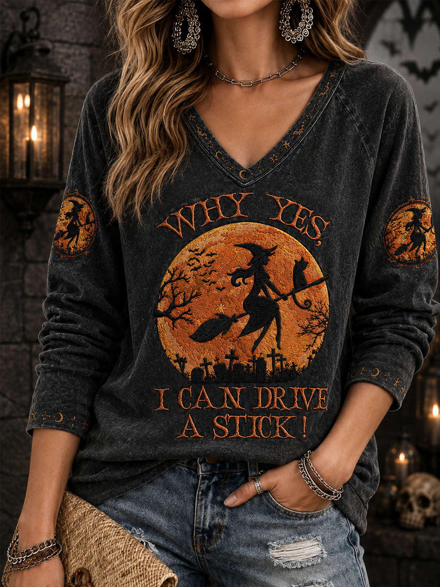 Harper | Halloween-Inspired Black Witch Moon Letter Print V Neck Long Sleeve Top