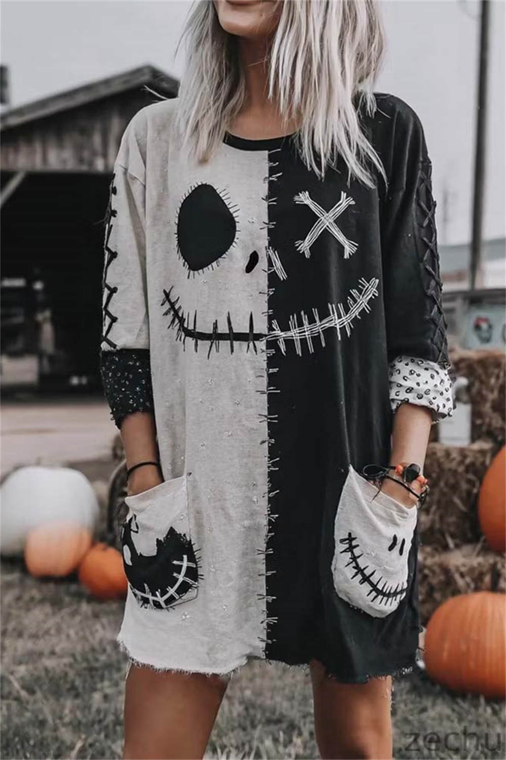 Ines | Halloween-Inspired Multi Spooky Face Round Neck Long Sleeve Mini dress