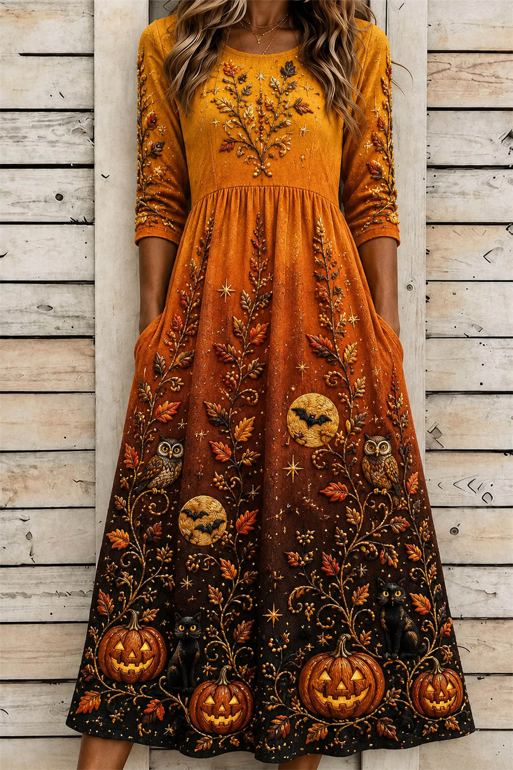 Phoebe | Halloween-Inspired Multi Pumpkin Cat Owl Print Round Neck Three Quarter Sleeve Midi Dress