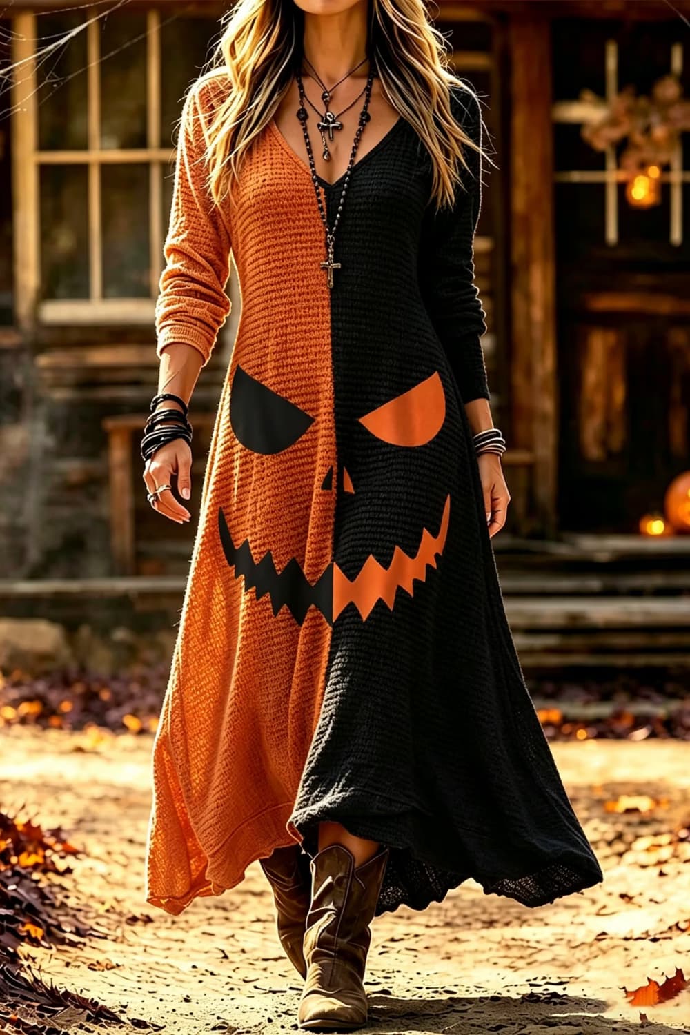 Iris | Halloween-Inspired Orange Black Pumpkin Face V Neck Long Sleeve Maxi Dress