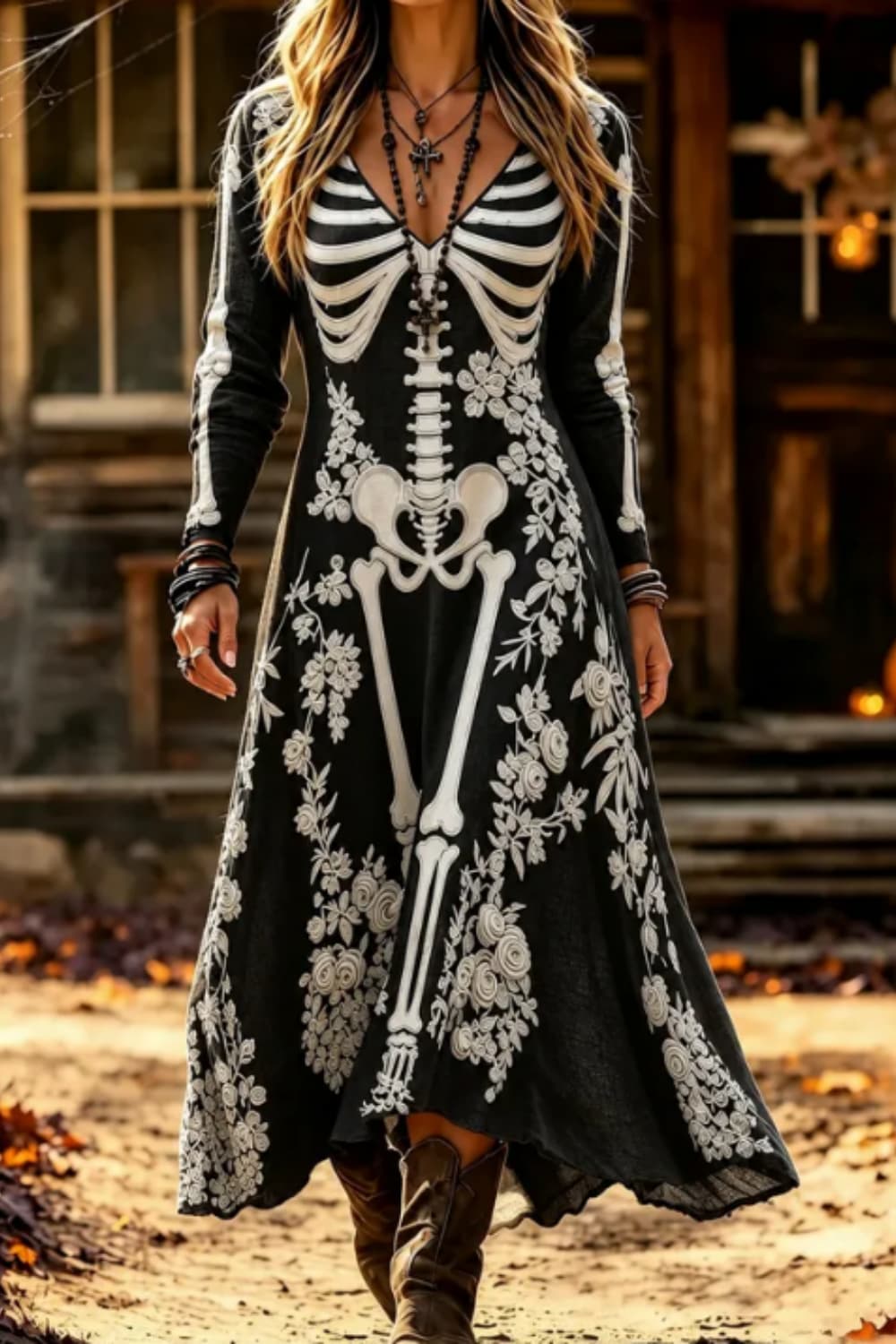 Adelaide | Halloween-Inspired Black White Skeleton Floral V Neck Long Sleeve Midi Dress