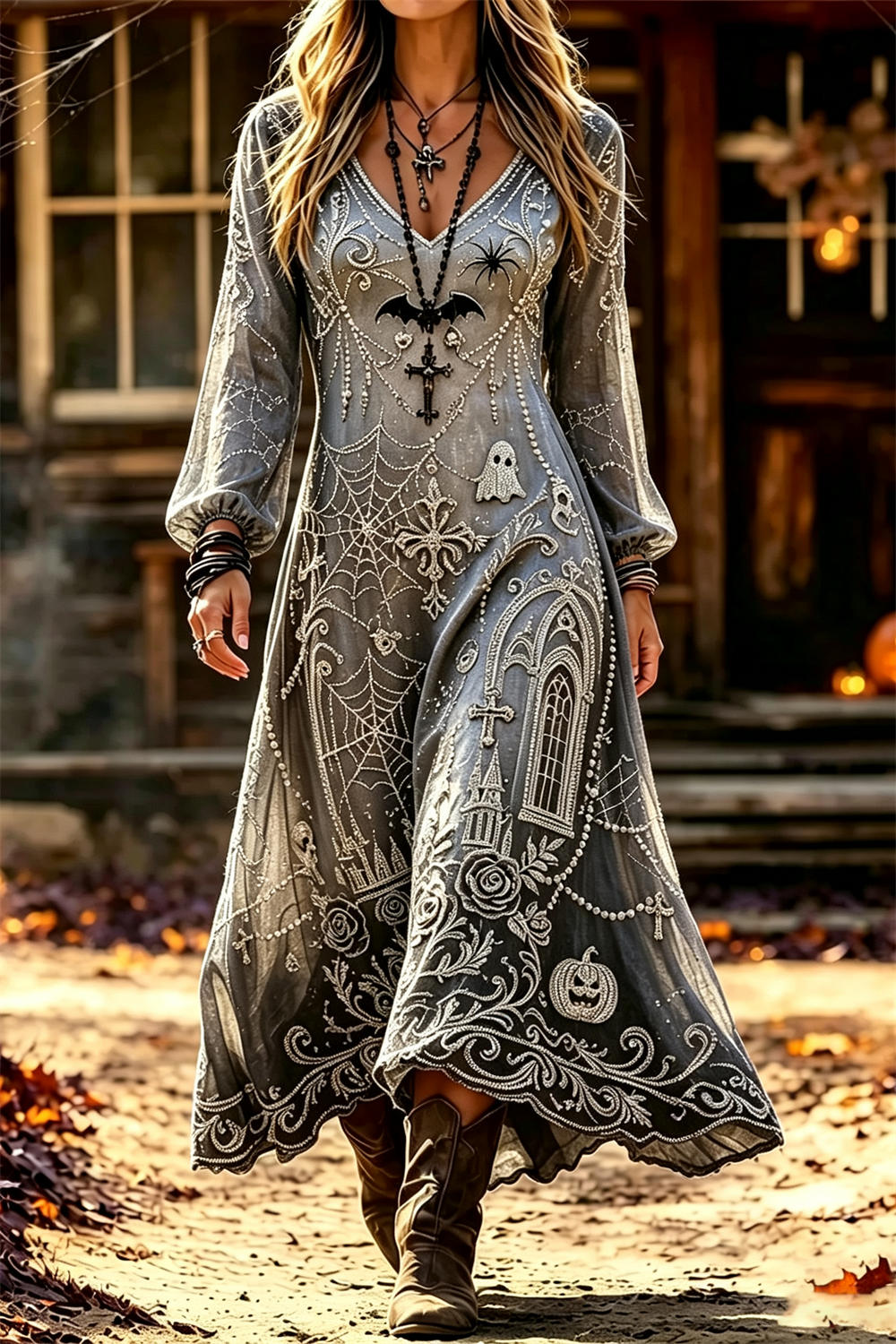 Rosalie | Halloween-Inspired Grey Multi Spider Web V Neck Long Sleeve Midi Dress