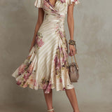 Daphne - Elegant Retro Floral Satin Midi Dress