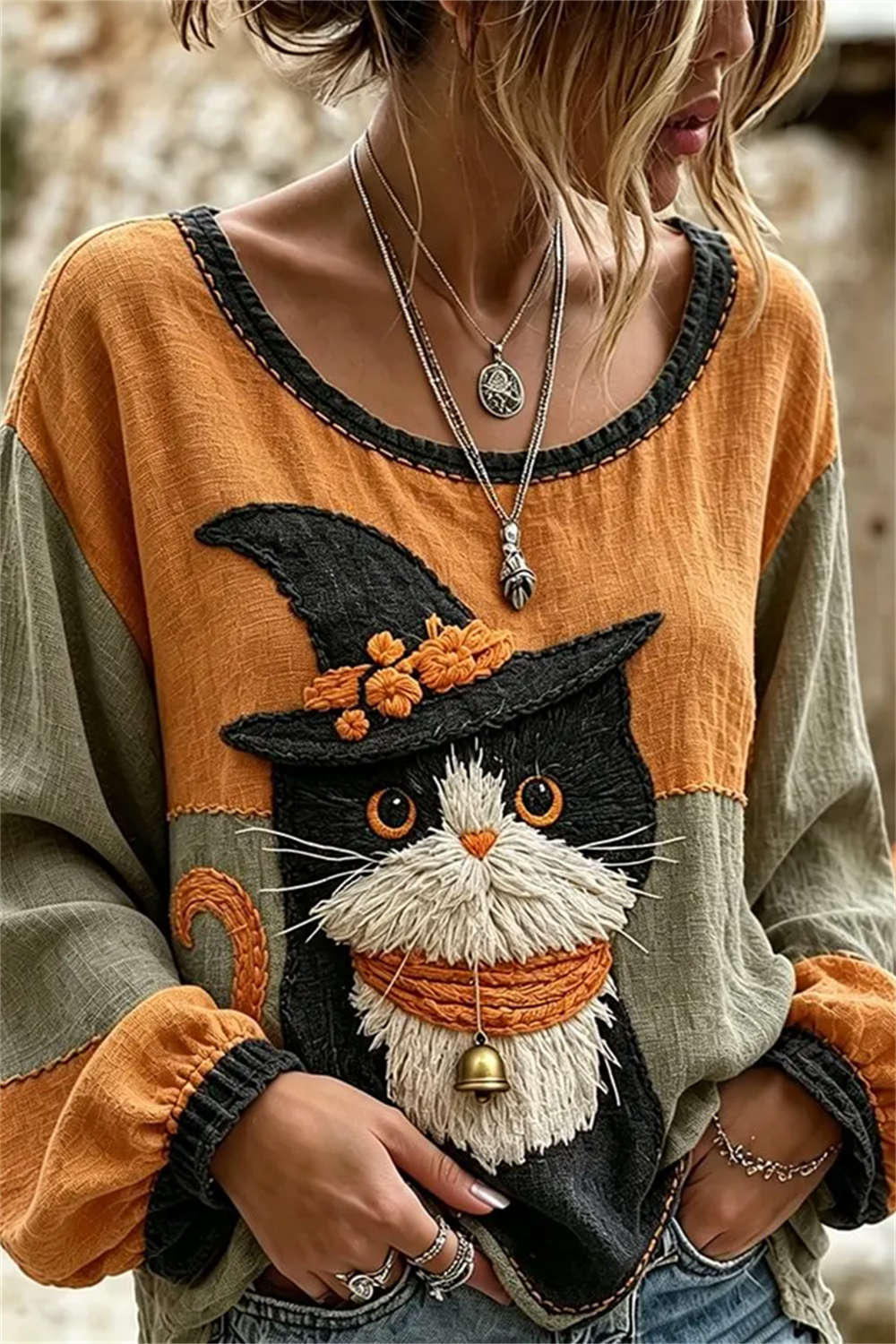 Ruby | Halloween Multi Wizard Cat Embroidery Round Neck Long Sleeve Blouse