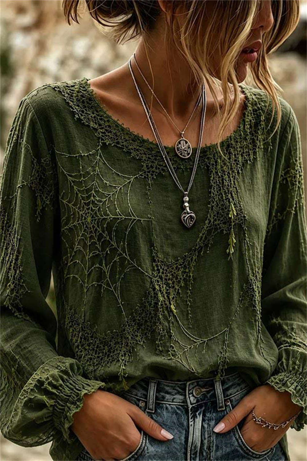 Helena | Halloween-Inspired Green Spider Web Print Round Neck Long Sleeve Blouse