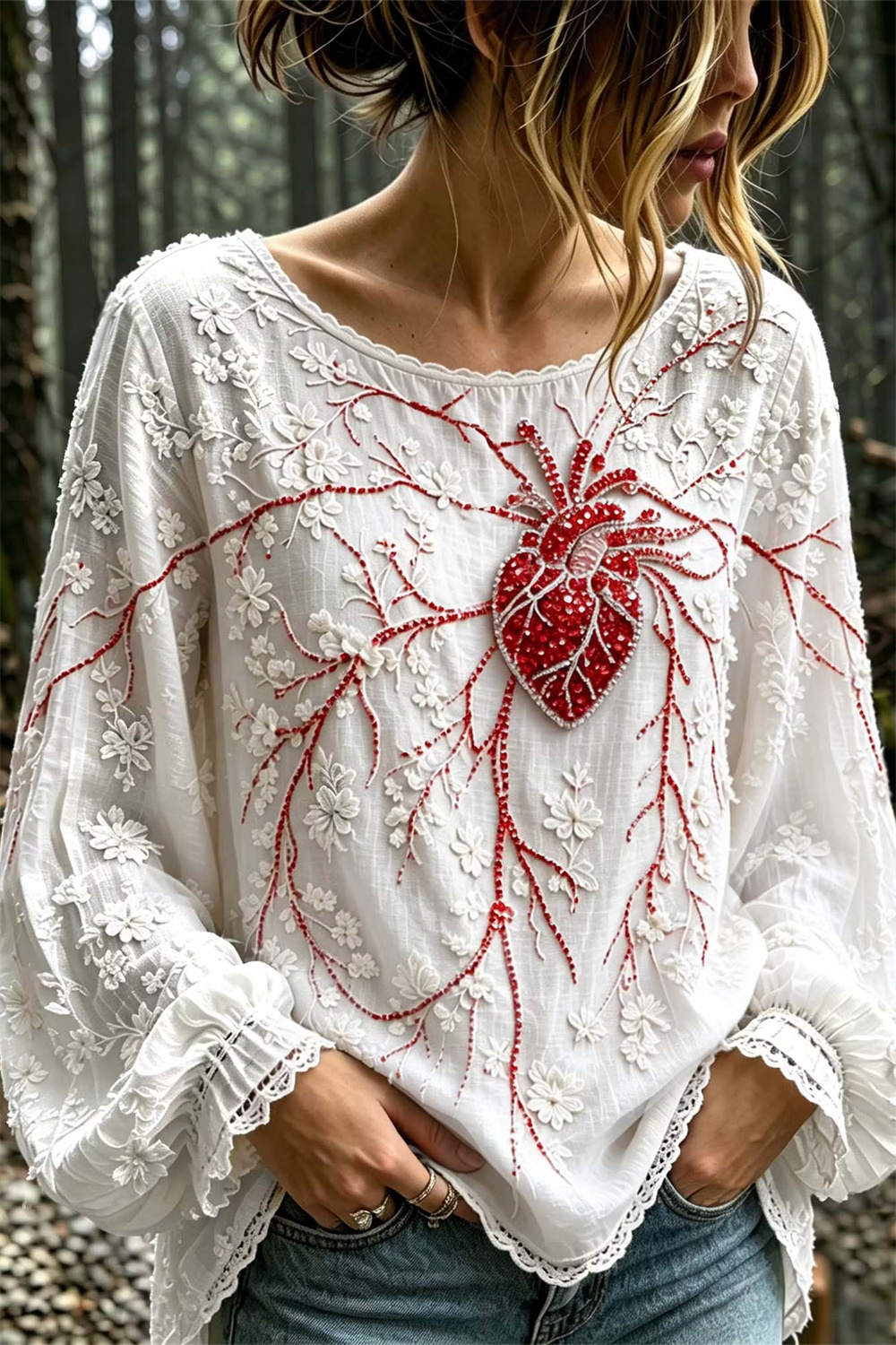 Serena | Halloween-Inspired White Heart Floral Print Round Neck Puff Long Sleeve Blouse