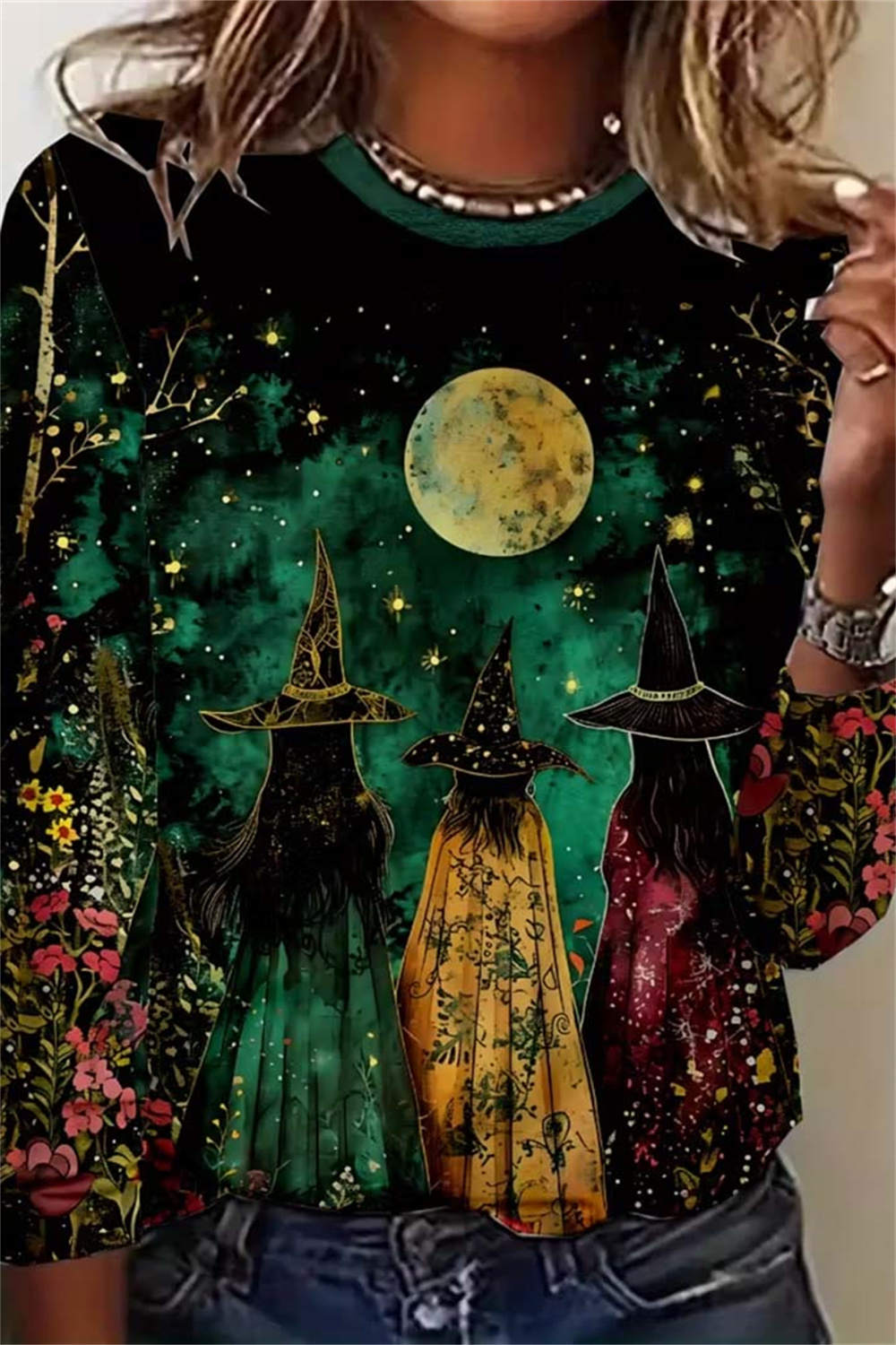 Melissa | Halloween-Inspired Multi Witch Moon Floral Print Round Neck Long Sleeve Blouse