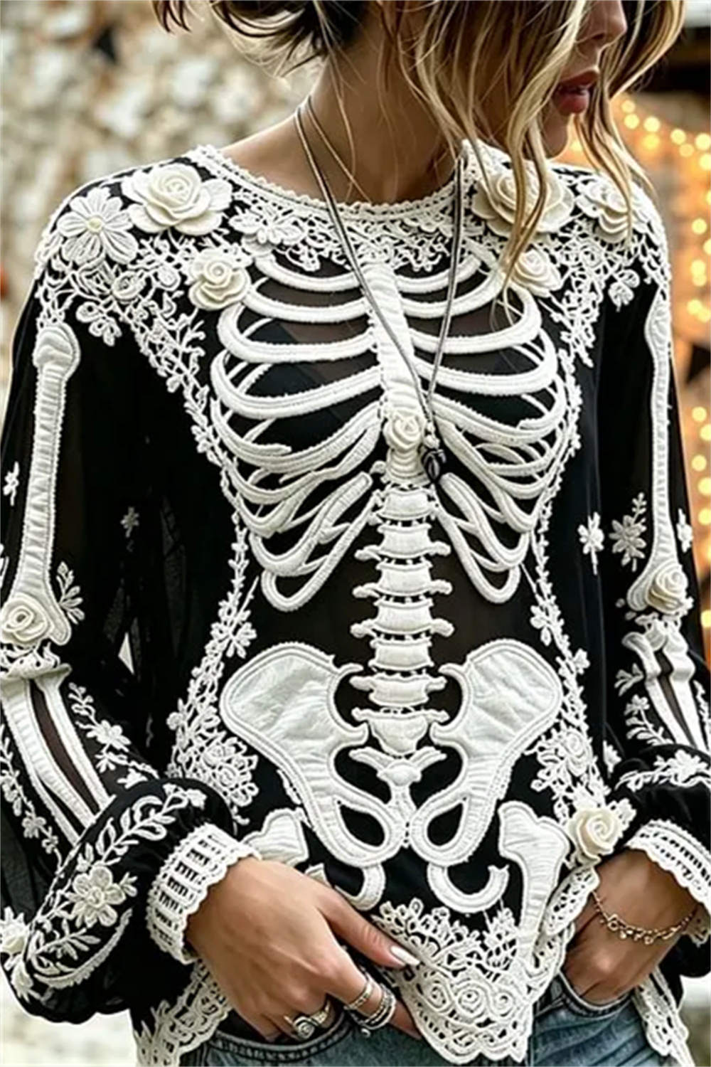 Mila | Halloween-Inspired Black Skeleton Floral Lace Print Round Neck Puff Long Sleeve Blouse