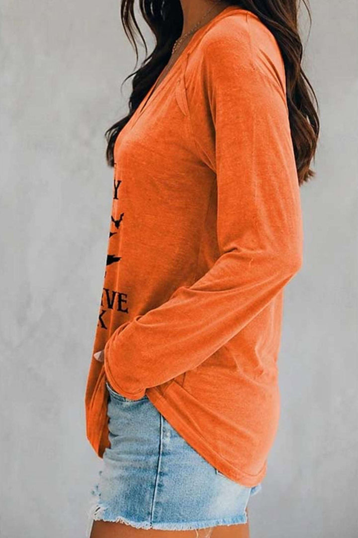Sadie | Halloween-Inspired Orange Witch Letter Print V Neck Blouse