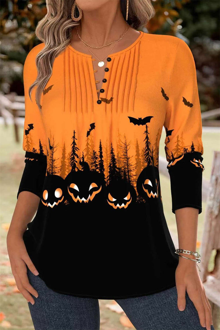 Yara | Halloween-Inspired Orange Halloween Split Neck Long Sleeve Blouse