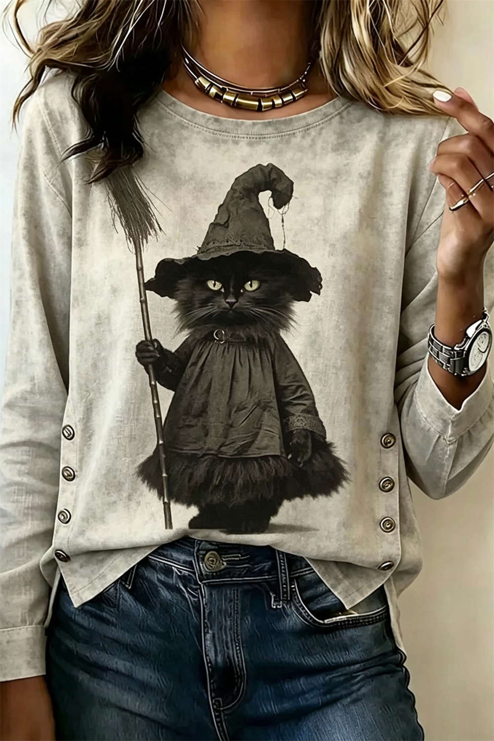 Delilah | Halloween-Inspired Grey Witch Cat Art Round Neck Long Sleeve Blouse