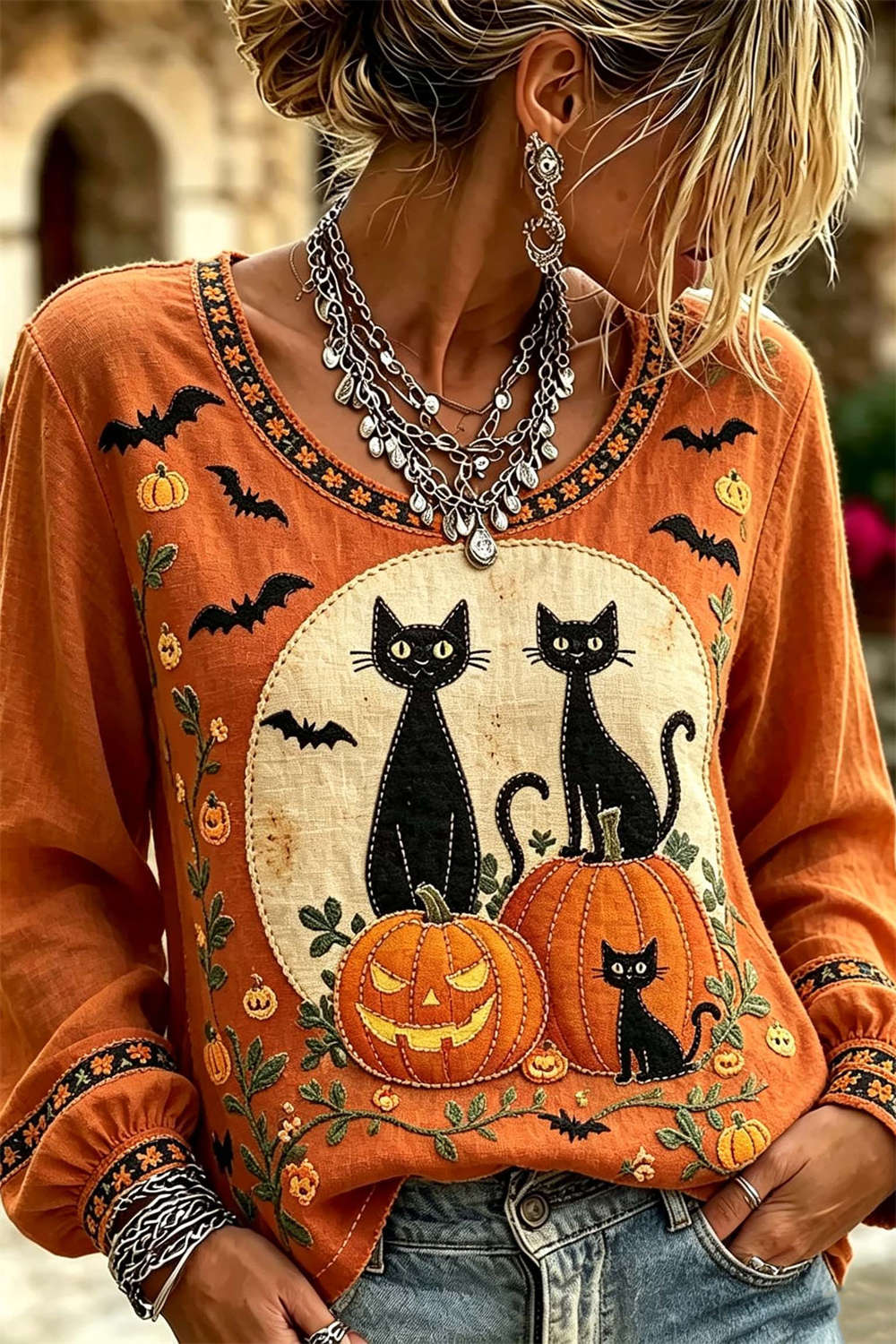 Amanda | Halloween-Inspired Orange Black Cat Pumpkin Print Round Neck Long Sleeve Blouse