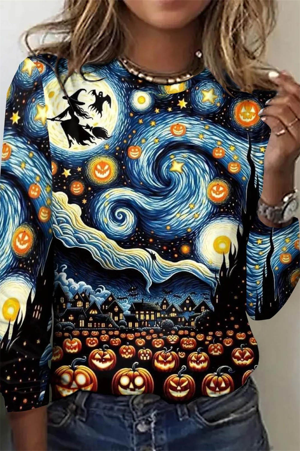 Daisy | Halloween-Inspired Multi Starry Night Pumpkin Witch Graphic Round Neck Blouse