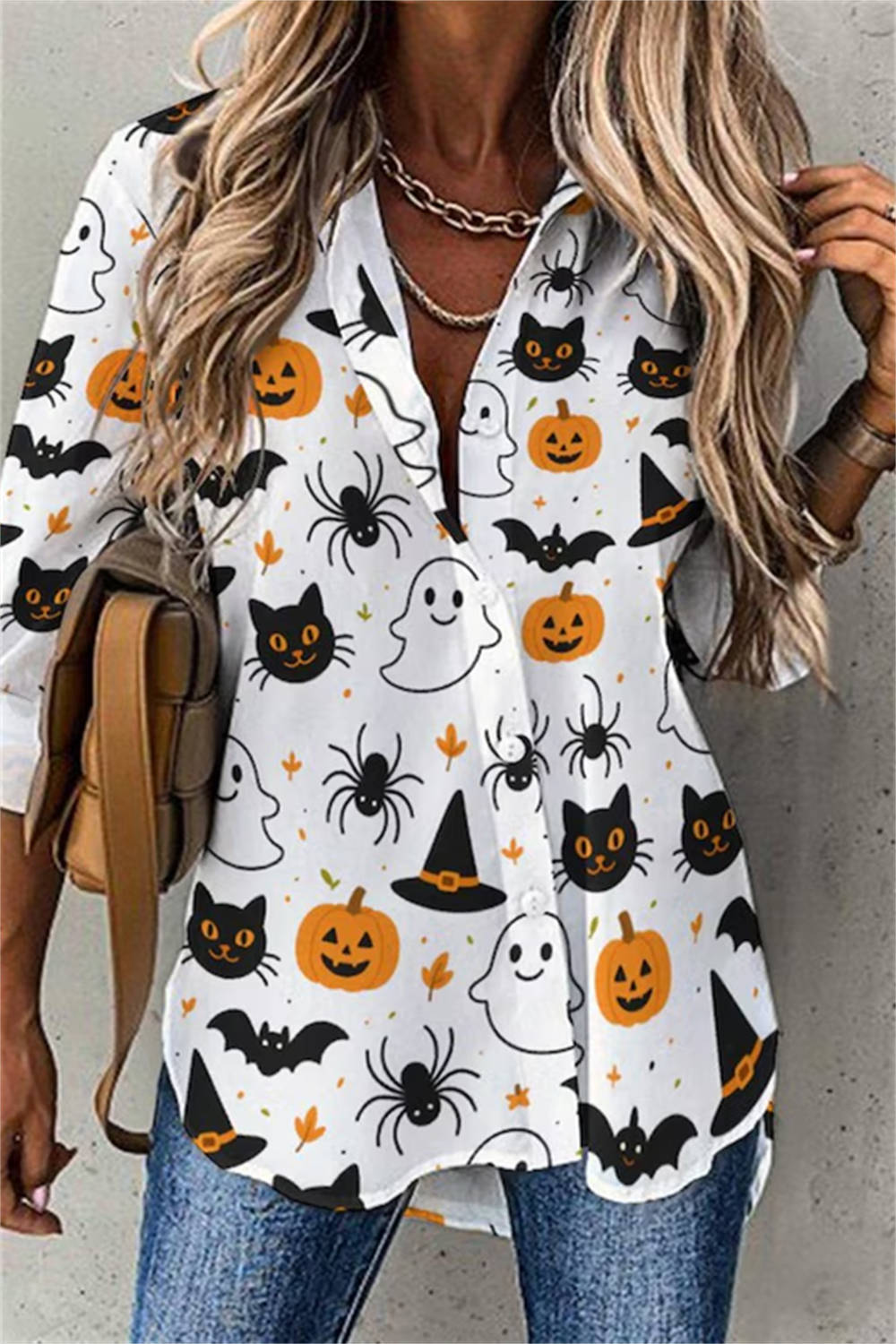 Elisabetta | Halloween-Inspired Multi Pumpkin Ghost Cat Bat Spider V Neck Three Quarter Sleeve Shirt