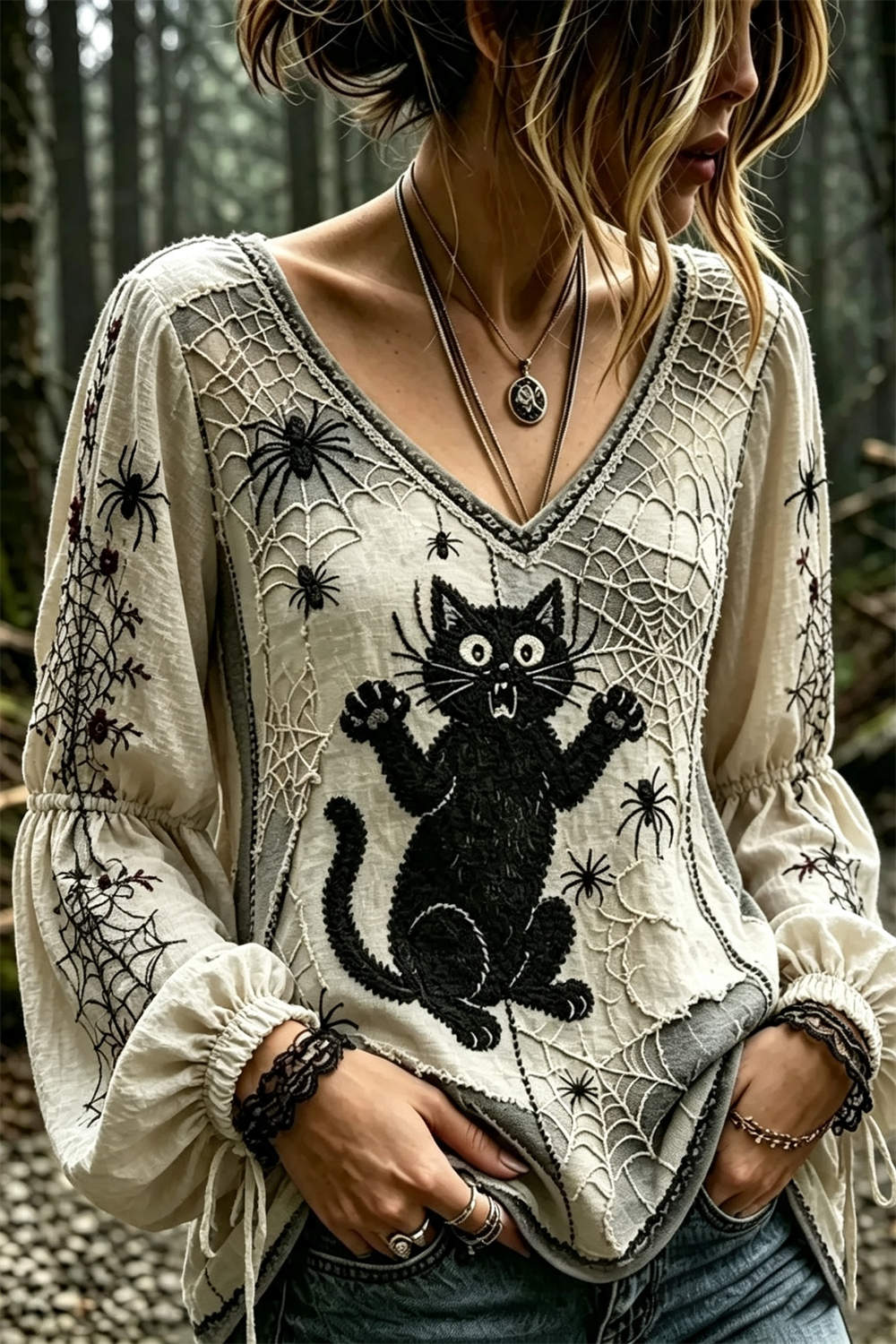 Mariana | Halloween-Inspired Multi Gothic Cat Spider Print V Neck Puff Sleeve Blouse