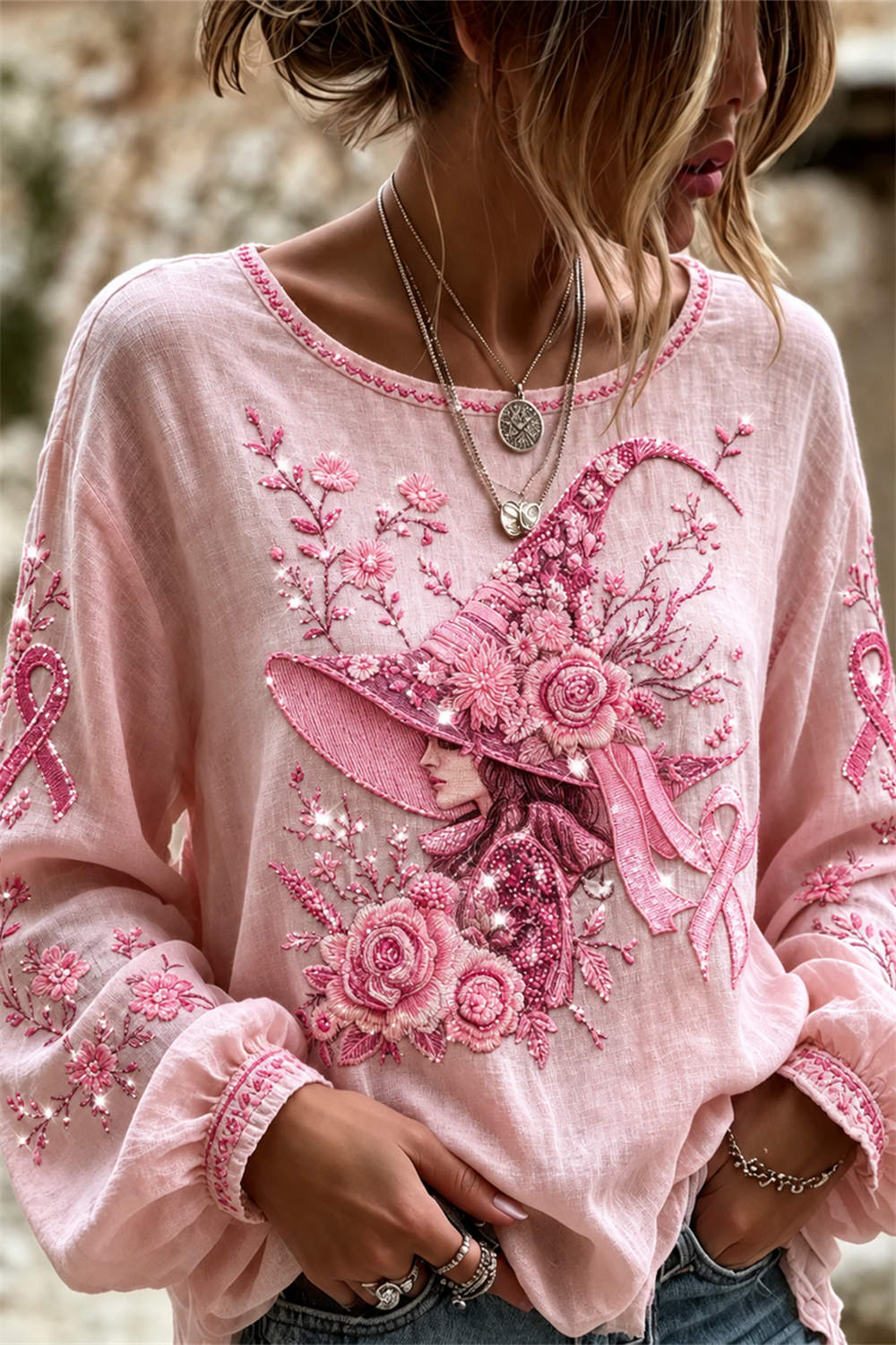 Teresa | Halloween-Inspired Pink Witch Floral Ribbon Print Round Neck Long Sleeve Blouse