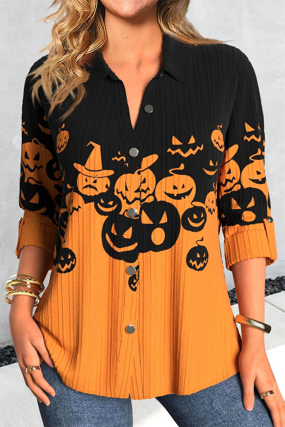 Hannah | Halloween-Inspired Black Orange Pumpkin Print Shirt Collar Long Sleeve Blouse