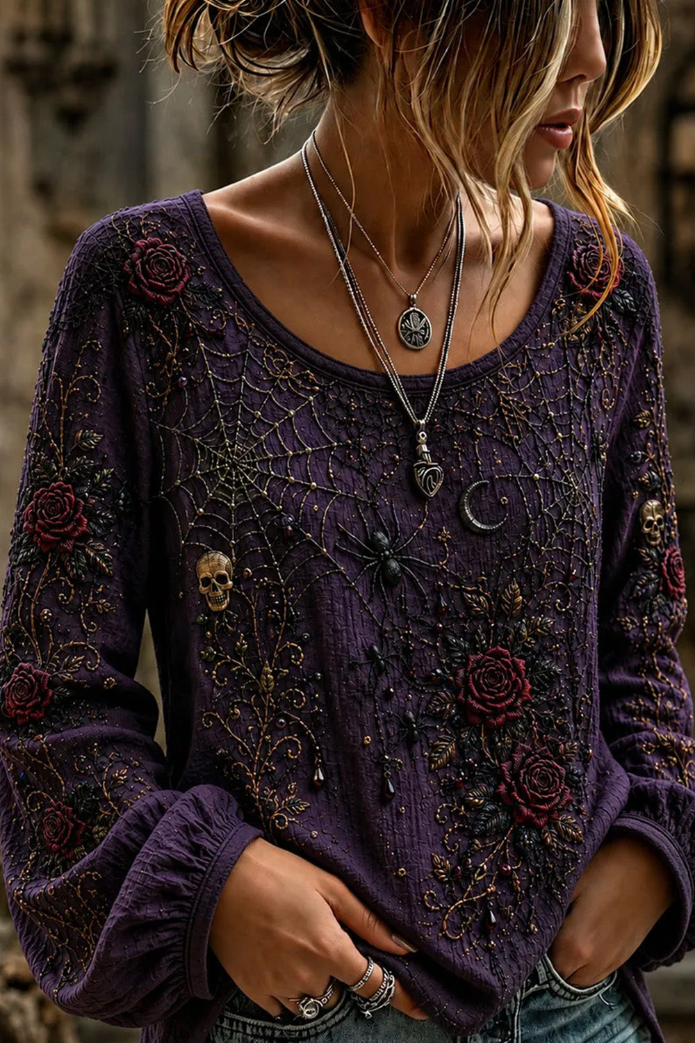 Gianna | Halloween-Inspired Purple Gothic Rose Spider Skull Long Sleeve Blouse