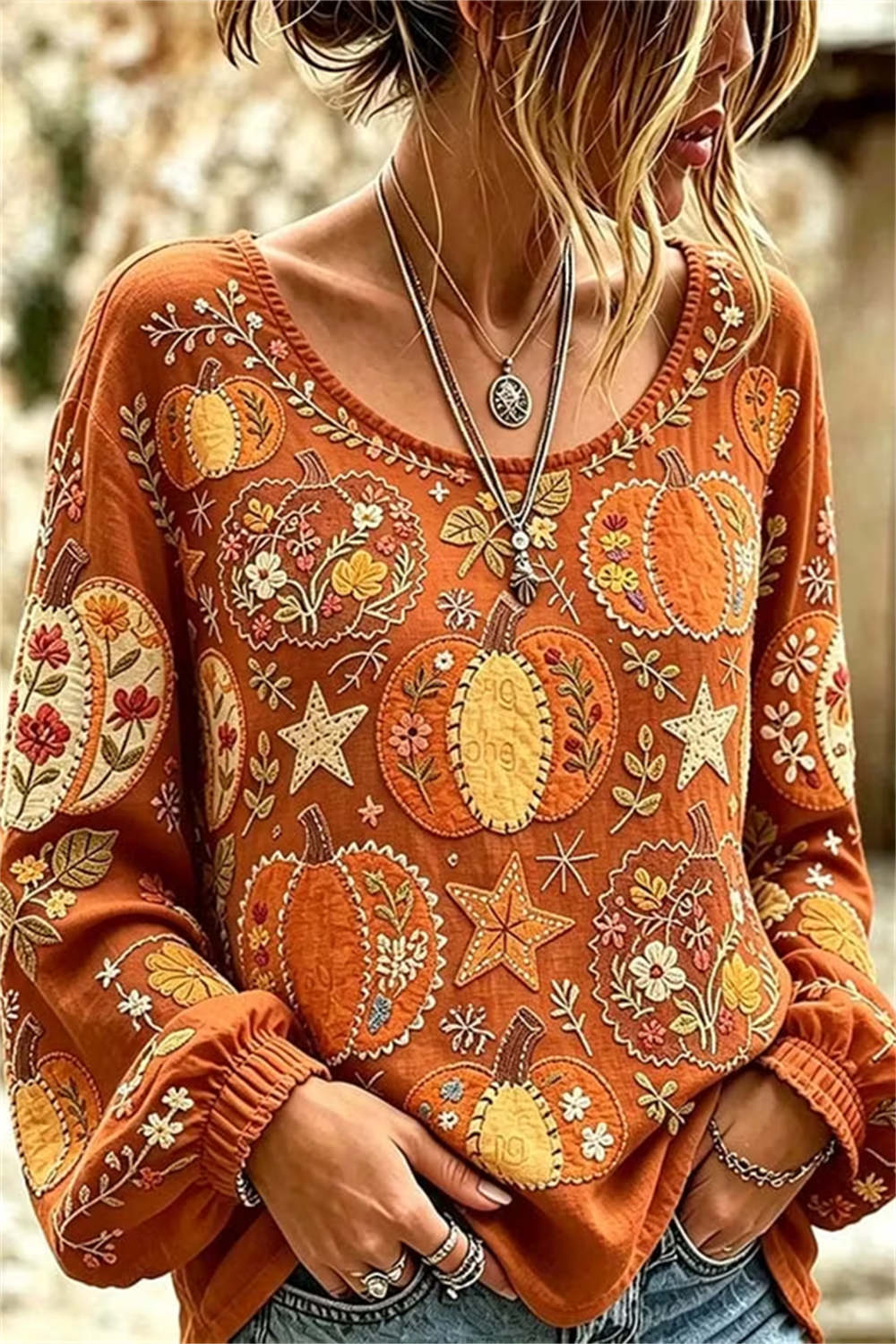 Greta | Halloween-Inspired Orange Pumpkin Floral Star Round Neck Long Sleeve Blouse