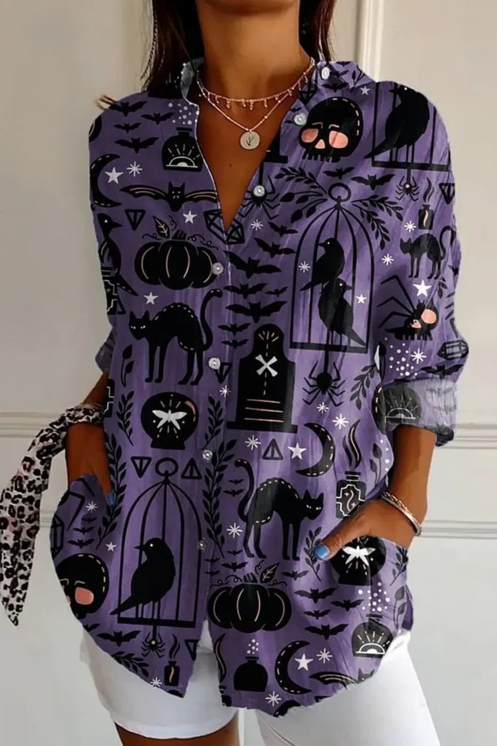 Adalynn | Halloween-Inspired Purple Pumpkin Bat Black Cat Print Collar Long Sleeve Shirt