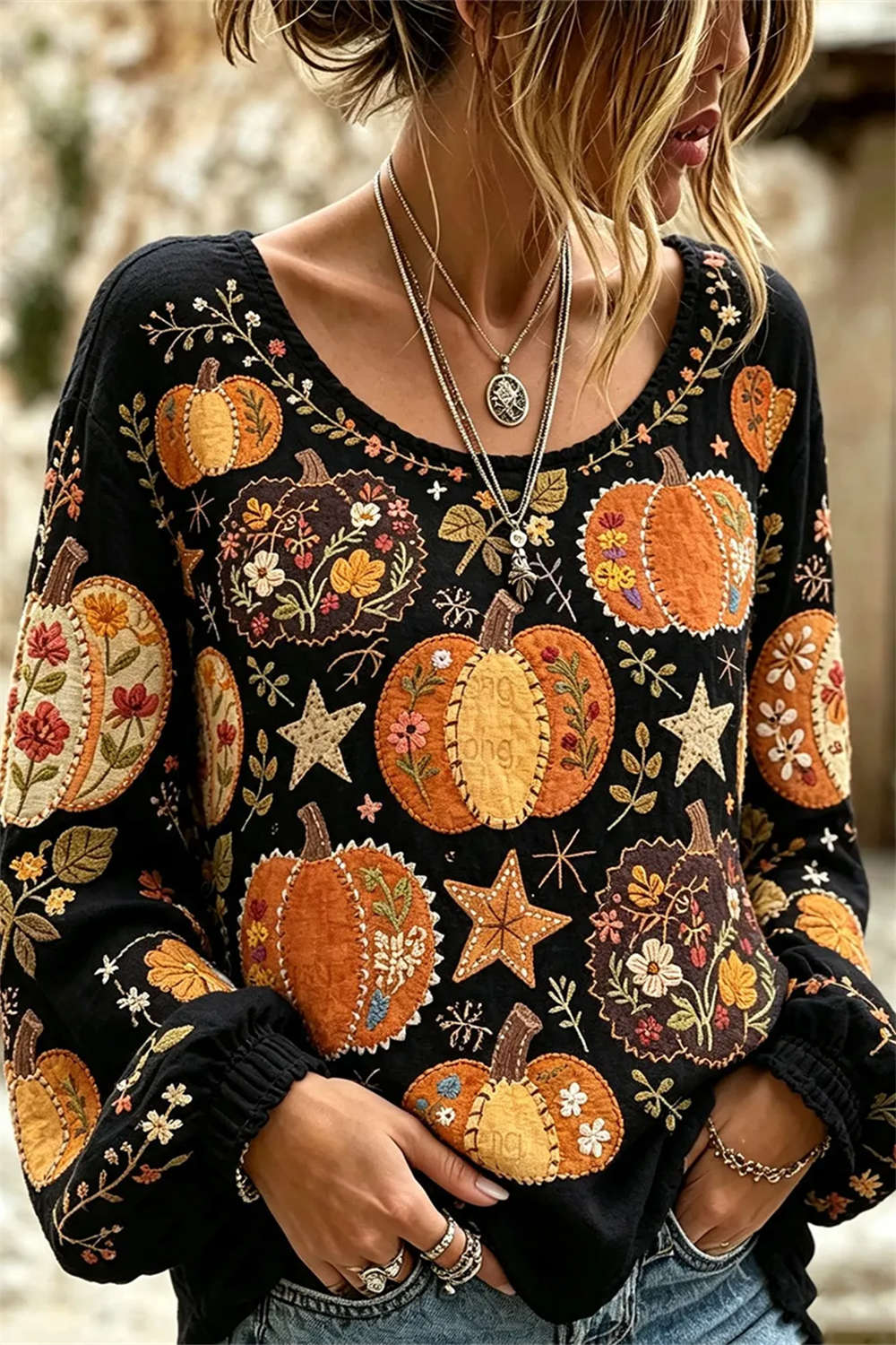Esme | Halloween-Inspired Black Floral Pumpkin Round Neck Long Sleeve Blouse