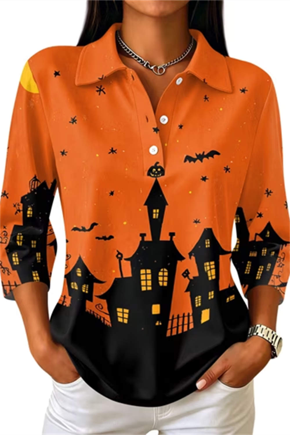 Nora | Halloween-Inspired Orange Haunted House Print Collared Three Quarter Sleeve Blouse