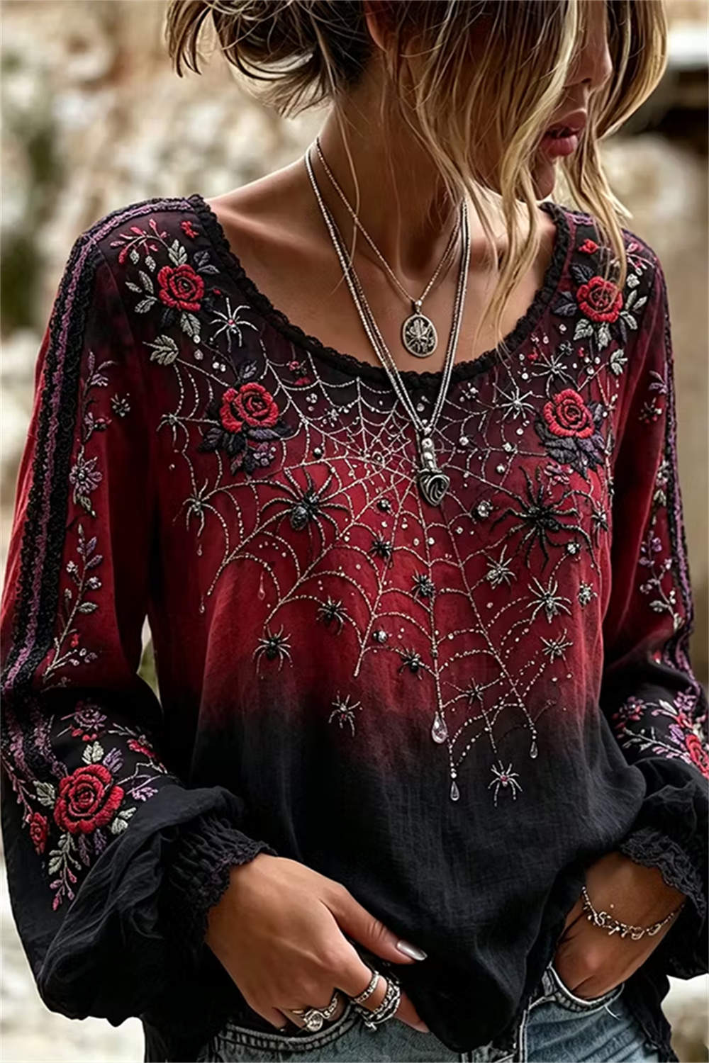 Imogen | Halloween-Inspired Red Black Gradient Spider Rose Print Scoop Neck Long Sleeve Blouse
