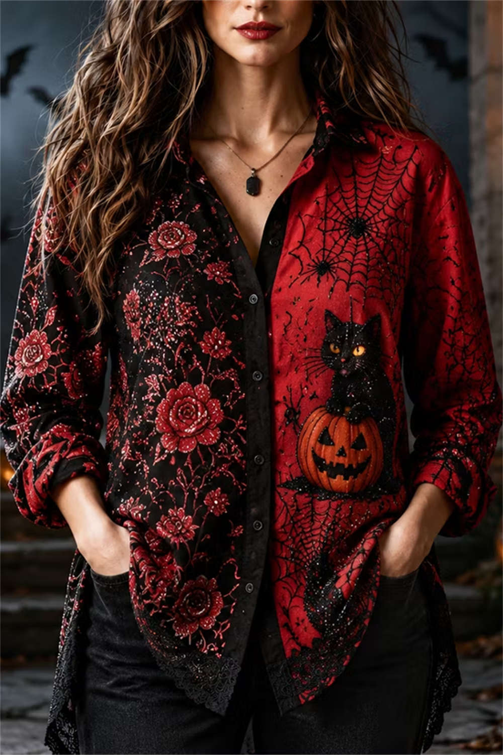 Elaine | Halloween-Inspired Black Red Cat Pumpkin Print Lapel Collar Long Sleeve Shirt
