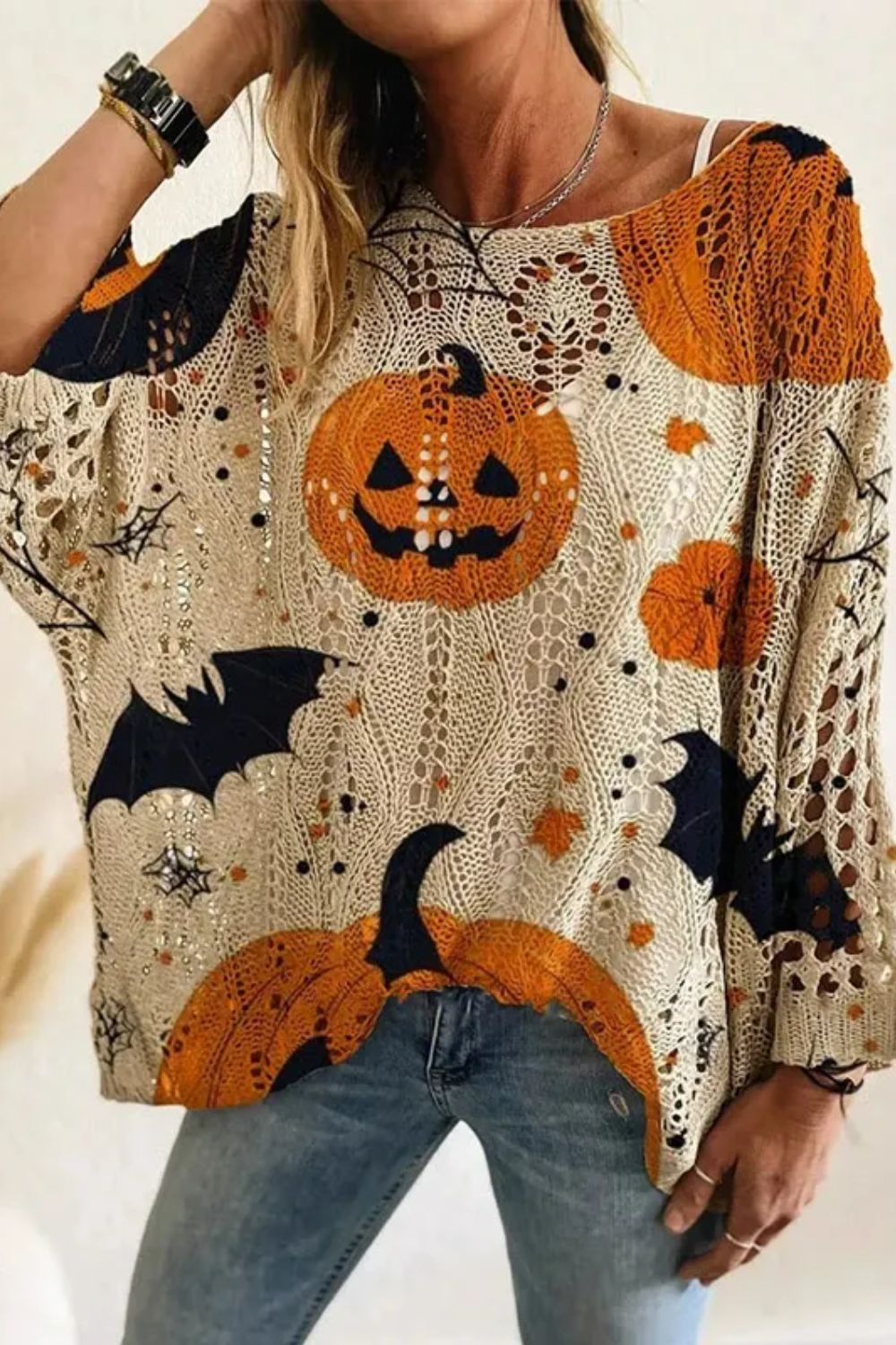 Gwendolyn | Halloween-Inspired Multi Pumpkin Bat Round Neck Long Sleeve Sweater