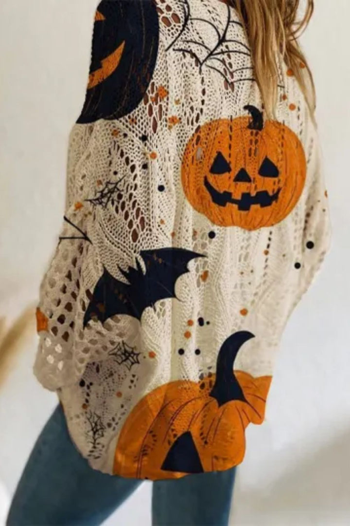 Gwendolyn | Halloween-Inspired Multi Pumpkin Bat Round Neck Long Sleeve Sweater