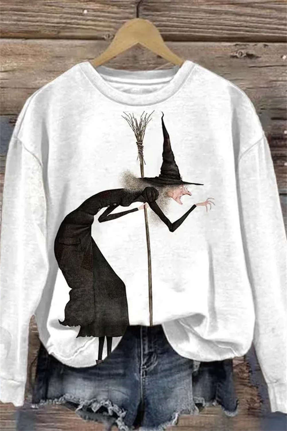 Rebecca | White Halloween-Inspired Witch Print Round Neck Sweatshirt